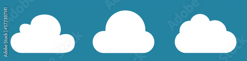 White cartoon clouds set isolated on blue background. Collection of different clouds for background template, wallpaper and fluffy sky design. Flat clouds concept. Clouds vector illustration