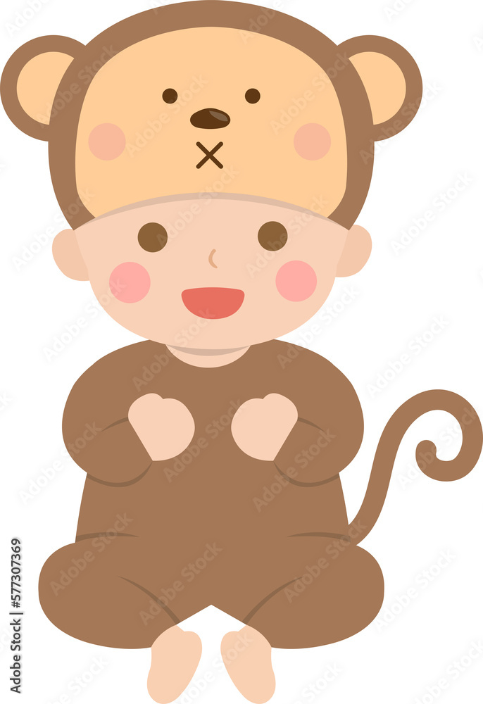 Baby dressed as a doll, playful and cute monkey doll and baby Baby dressed as a doll, playful and cute monkey doll and baby