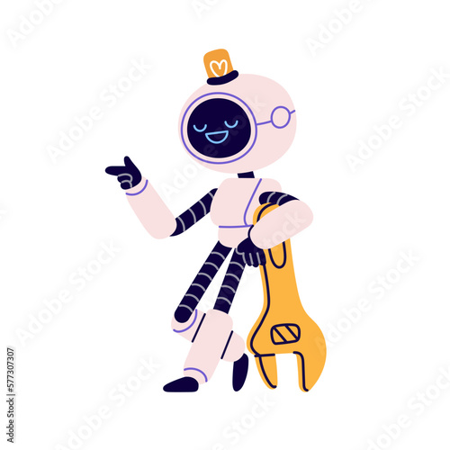 Cute robot with wrench in retro futuristic style. Android serviceman with spanner, fixing tool. Robotic mechanic character from repair service. Flat vector illustration isolated on white background