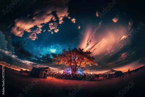 Gathering under a tree at the summer music festival-AI illustration