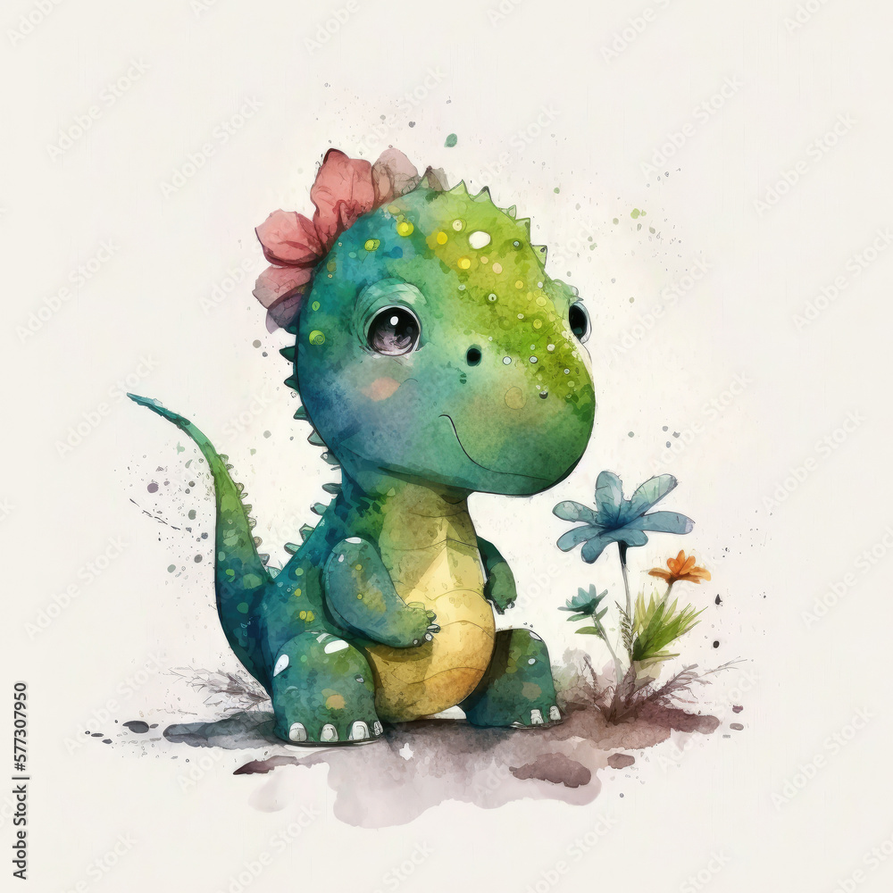 Cute Watercolor Baby Dino. Illustration AI Generative Cute Watercolor Baby Dino. Illustration AI Generative
