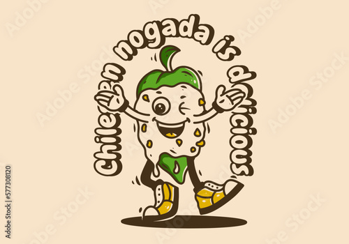 Mascot character of walking Chiles en nogada wit happy face