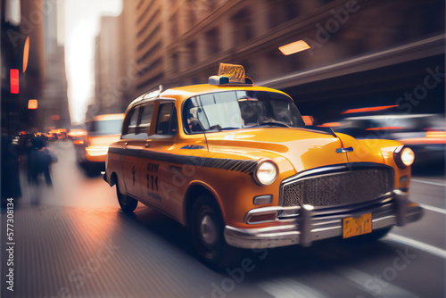Fotomurale illustration of motion blur yellow taxi cabs in city . AI