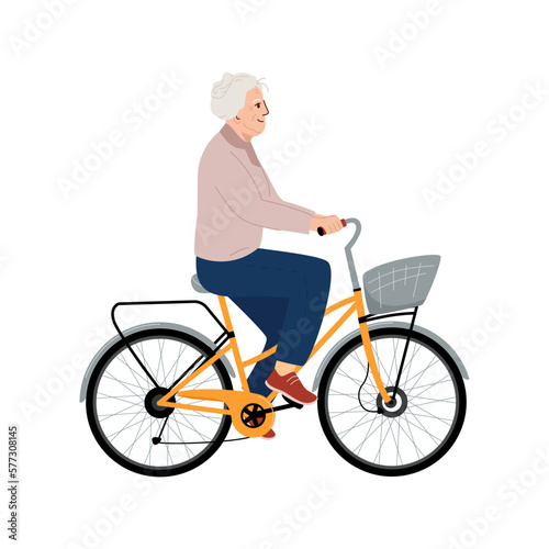 Elderly woman spendstime outdoors. Cartoon happy senior woman cycling in summer park. Healthy lifestyle and active recreation. Vector illustration isolated on background