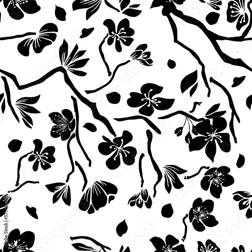 Black pattern sakura branches seamless. Vector illustration