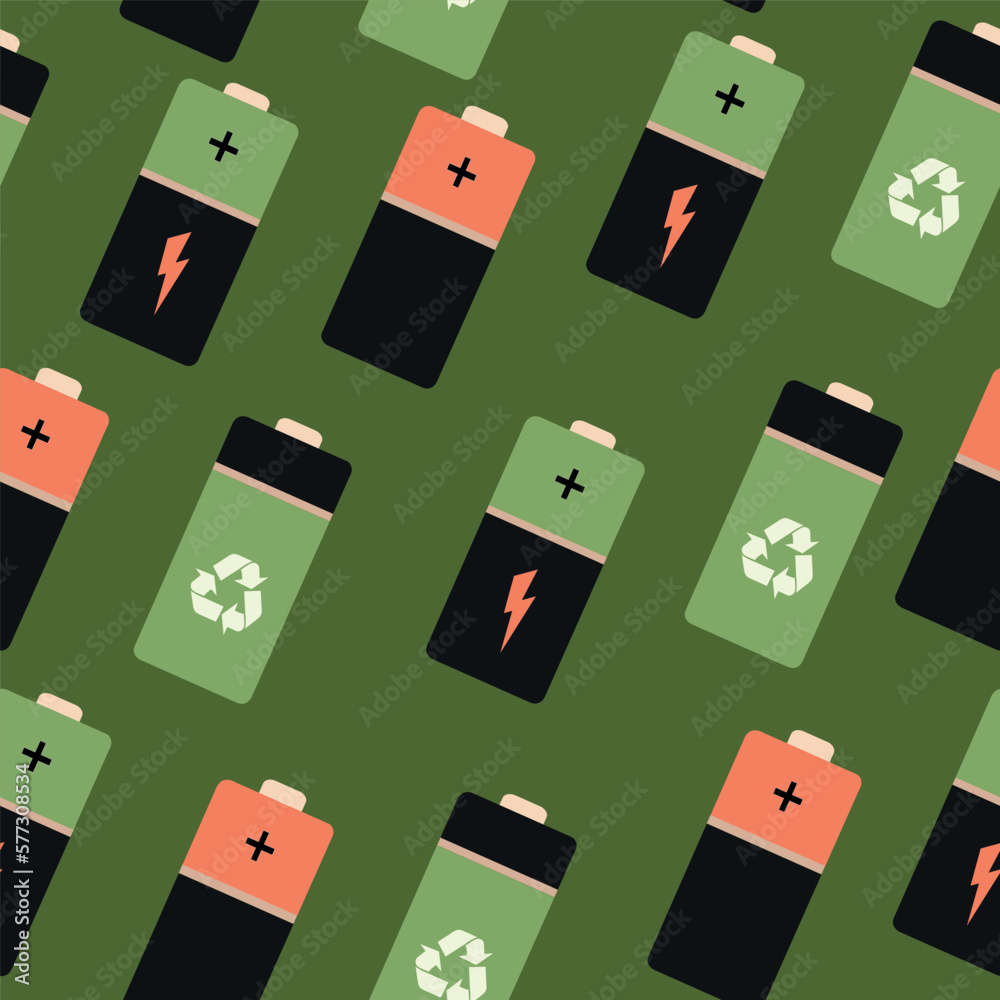 Seamless pattern of their insulated cylindrical batteries. A group of colored batteries on a green background Seamless pattern of their insulated cylindrical batteries. A group of colored batteries on a green background