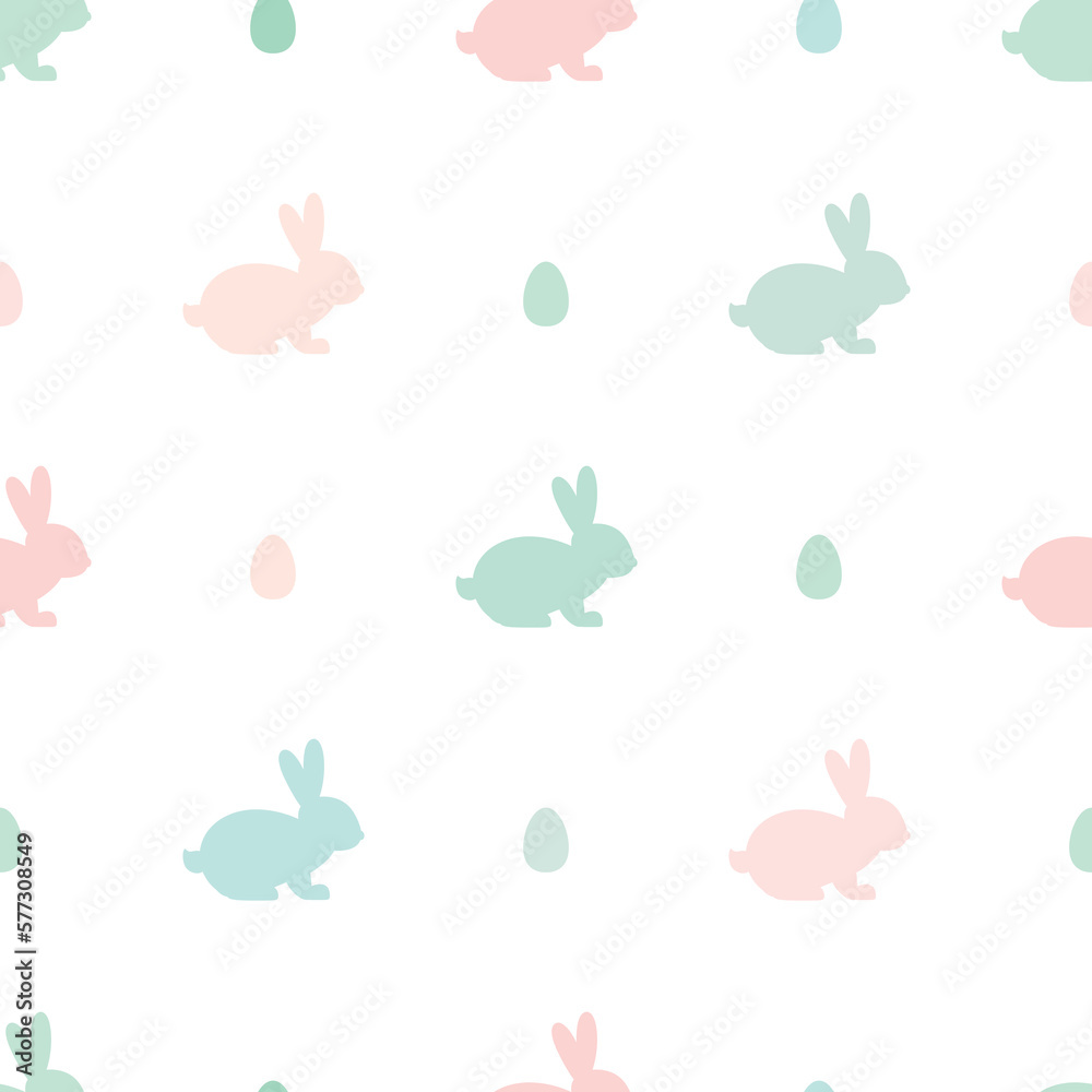 Seamless abstract pattern with Easter rabbits and eggs of different pastel colors. White background. Decorative holiday wallpaper, good for printing. Cute Vector illustration. Flat design