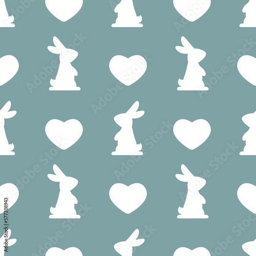 Seamless abstract pattern with white Easter rabbits and hearts on powder blue background. Decorative holiday wallpaper, good for printing. Cute Vector illustration. Flat design