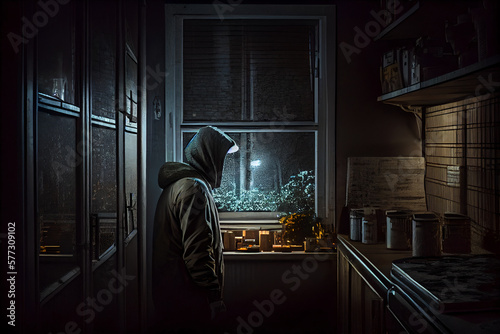 A thief and a robber in dark clothes with a hood against the background of a window penetrated into someone else's apartment