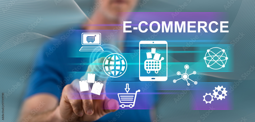 Fototapeta premium Man touching an e-commerce concept