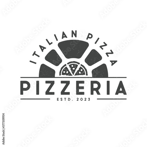 Oven and pizza logo template vector. Vintage pizzeria logotype with grunge. Italian pizza flat logo design.