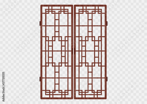 Traditional korean ornament folding frame pattern. Double door swing antique decoration art vector illustration. Natural color wood. Surface timber.