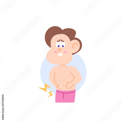 a boy feels pain or uncomfortable on the lower part of the abdomen. Appears protrusion on the underbelly. Symptoms of hernia disease. health problems. character illustration design. vector elements