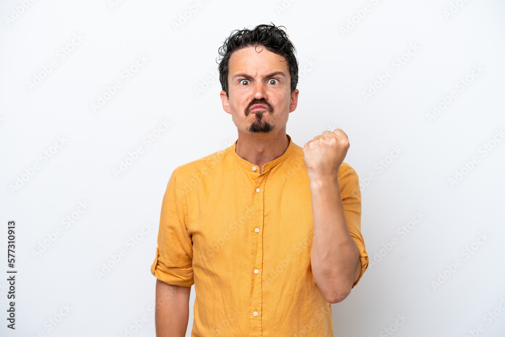 Young man with moustache isolated on white background with unhappy expression