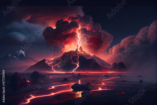 Obraz na plátne Colorful volcano eruption at night with lightning and flowing lava