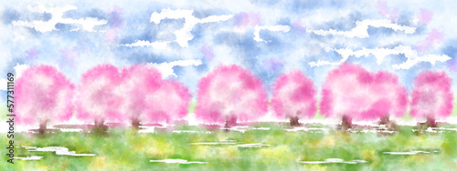 Illustration of spring images drawn with watercolor technique