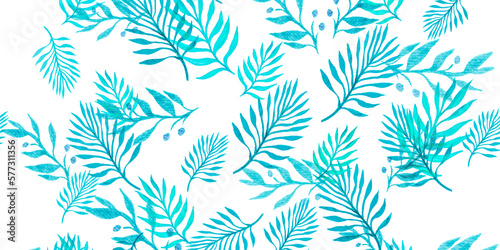 Palm Leafes. Seafoam Jungle Tropic. Olive Flowing Leaves. Retro Hawaii Pattern. Flyer Plants. Emerald Watercolor Tropical Pattern. Mint Botanic Wallpaper.