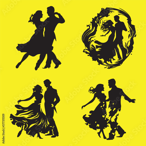 silhouettes of couple dancing people group vector illustration. Dancing man and woman, couple silhouette set	 photo