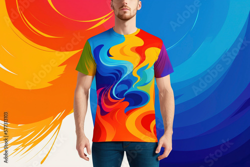 Man in Colorful Swirl T-shirt with Colorful Background Generated by Ai photo