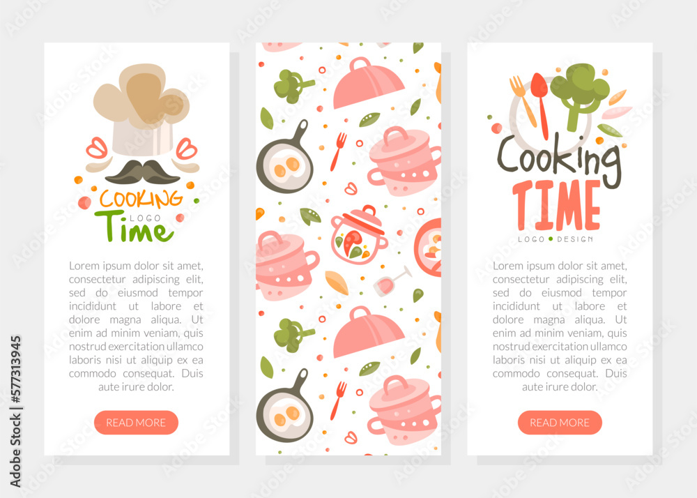 Cooking time logo design. Cooking school, culinary class, food studio landing page, web banner cartoon vector