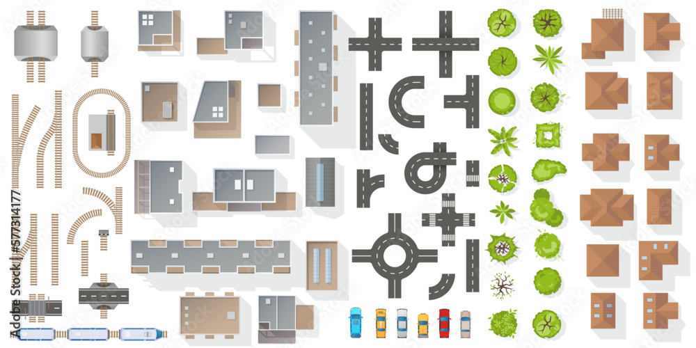 Set of elements top view for landscape design. Buildings, trees, road, railway elements for map of City. Collection, kit of Object. House, factory, skyscraper, manufacture, car, train. View from above - obrazy, fototapety, plakaty 