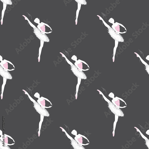 Seamless pattern with cute ballet dancer. Woman dancing ballet, texture background. Silhouette of ballerina on dark background. Hand drawn girl dancer.