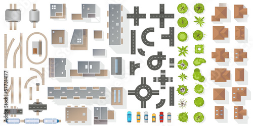 Set of elements top view for landscape design. Buildings, trees, road, railway elements for map of City. Collection, kit of Object. House, factory, skyscraper, manufacture, car, train. View from above