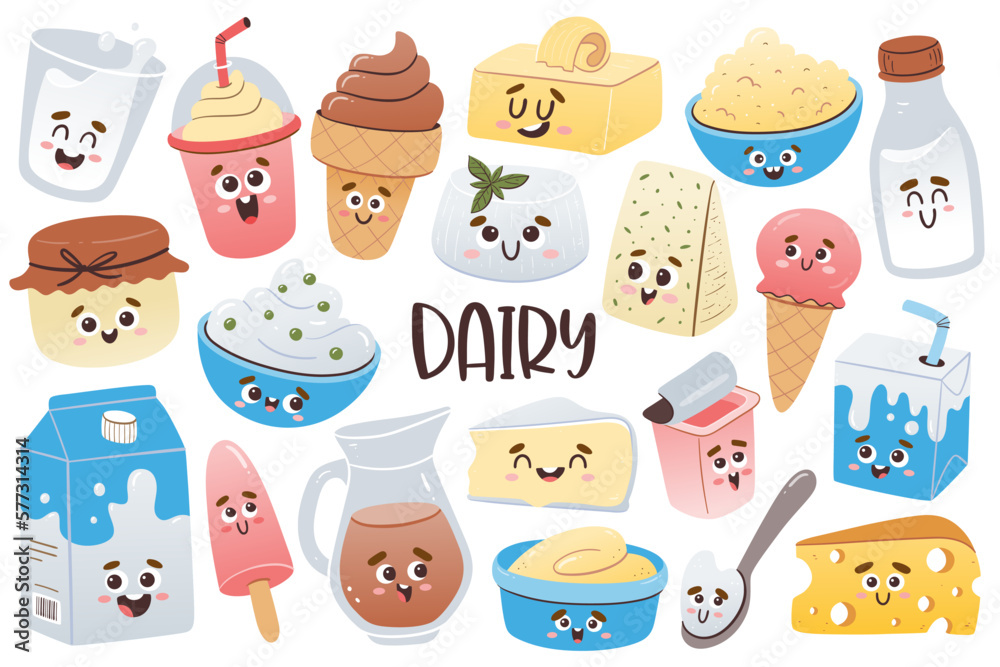 Cute Dairy Products with cartoon faces. Isolated colorful clipart ...