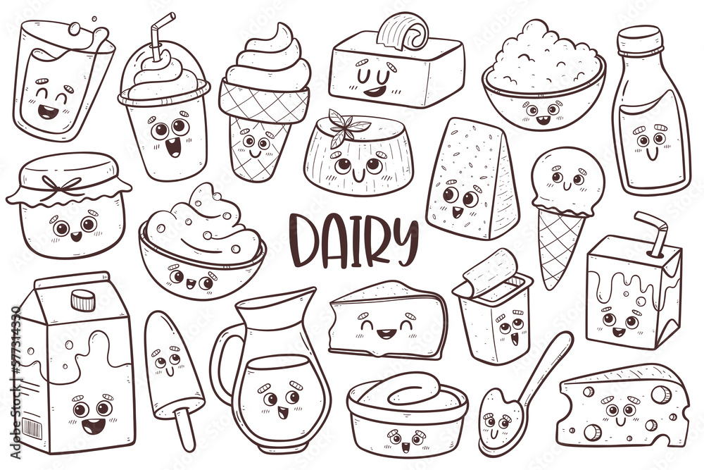 Cute Dairy Products with cartoon faces. Isolated doodle clipart