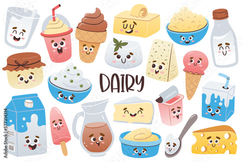 Cute Dairy Products with cartoon faces. Isolated colorful clipart collection. Vector illustration.