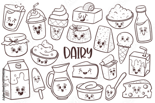 Cute Dairy Products with cartoon faces. Isolated doodle clipart collection. Vector illustration.