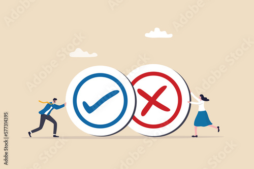 Pros and cons, do and dont or negative vs positive, comparison or advice article, yes or no, good or bad idea concept, business people holding big pros and cons, right and wrong symbols.