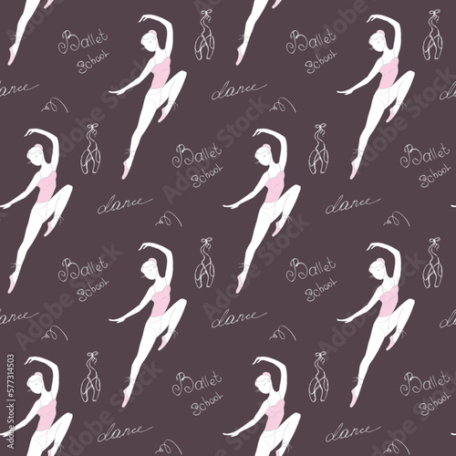 Seamless pattern with cute ballet dancer and lettering. Woman dancing ballet, texture wallpaper template. Silhouette of ballerina on dark background. Hand drawn girl dancer.