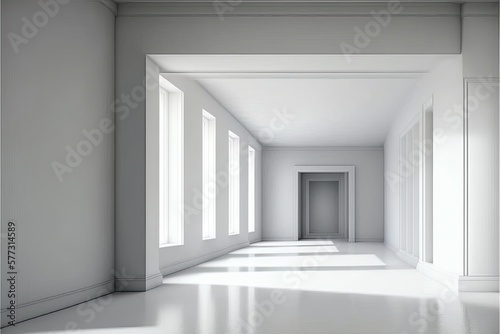 Large empty hall, hallway, corridor, gallery, room with solid white walls, floor and ceiling. Generative AI illustration.