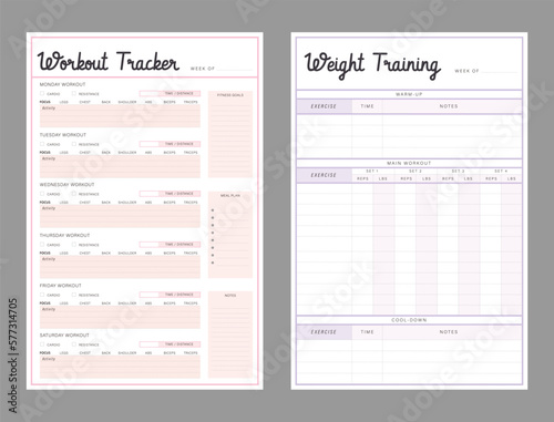  workout tracker and weight training planner. Minimalist planner template set. Vector illustration.