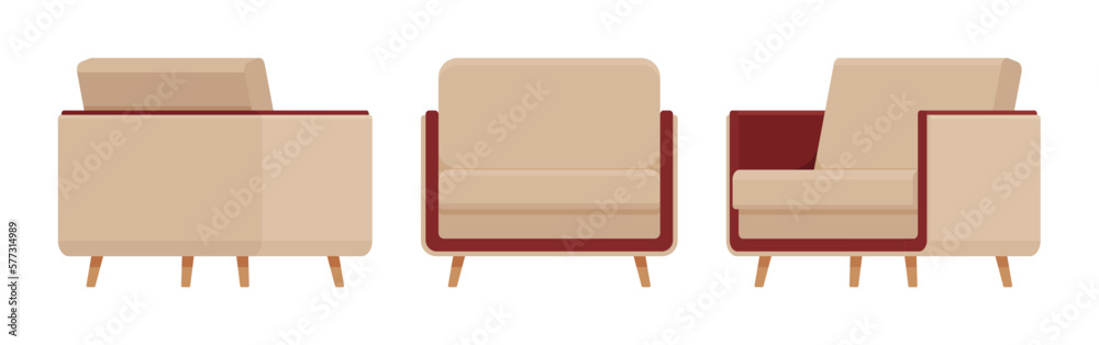 Leisure armchiar, comfy reading chair beige set. Soft seat modern fabric sofa for living, conference room, bedroom, studio. Vector flat style cartoon home, business articles isolated, white background Leisure armchiar, comfy reading chair beige set. Soft seat modern fabric sofa for living, conference room, bedroom, studio. Vector flat style cartoon home, business articles isolated, white background