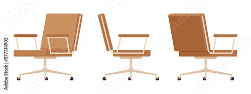 Desk rolling chair with armrest, meeting, executive furniture brown set. Sitting comfort for working, resting, waiting. Vector flat style cartoon home, office articles isolated on white background