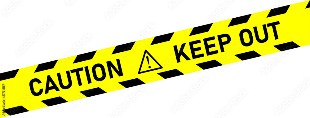 Fototapeta premium Caution Danger Stop Keep Out Crime Scene Yellow Black Stripe Security Tape Stripe Warning or Restriction Sign Icon Symbol with Text. Vector Image.