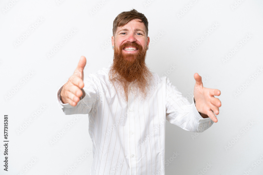 Redhead man with long beard isolated on white background presenting and inviting to come with hand Redhead man with long beard isolated on white background presenting and inviting to come with hand
