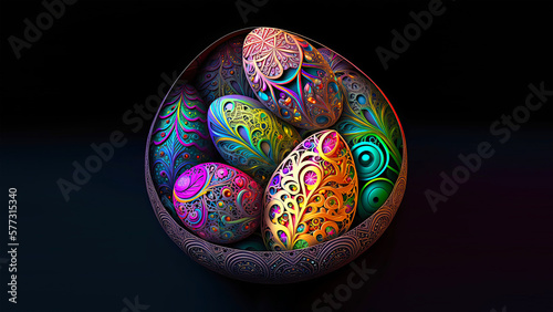 3D Render of Colorful Cloisonne Easter Eggs Bowl On Black Background And Copy Space. Happy Easter Concept.