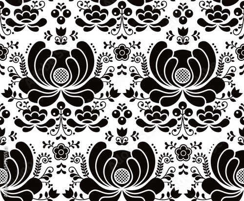 Norwegian folk art vector seamless pattern - Rosemaling style embroidery design in black and white
  