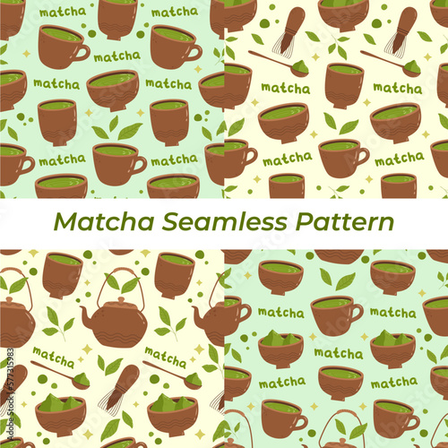 Traditional green tea matcha seamless pattern illustration set collection