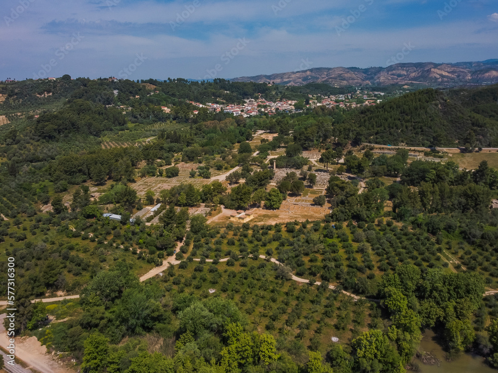 Aerial view Ancient Olympia by drone. Summer Greece. Panorama.