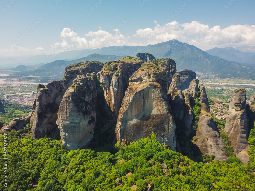 Aerial vIew The Holy Meteora Monasteries by drone. Summer Greece. Kalampaka. Kalabaka.