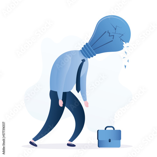 Burnout at work. Unhappy businessman with an extinguished light bulb instead of head. Not creative employee, lack of ideas. Problem with imagination and creativity