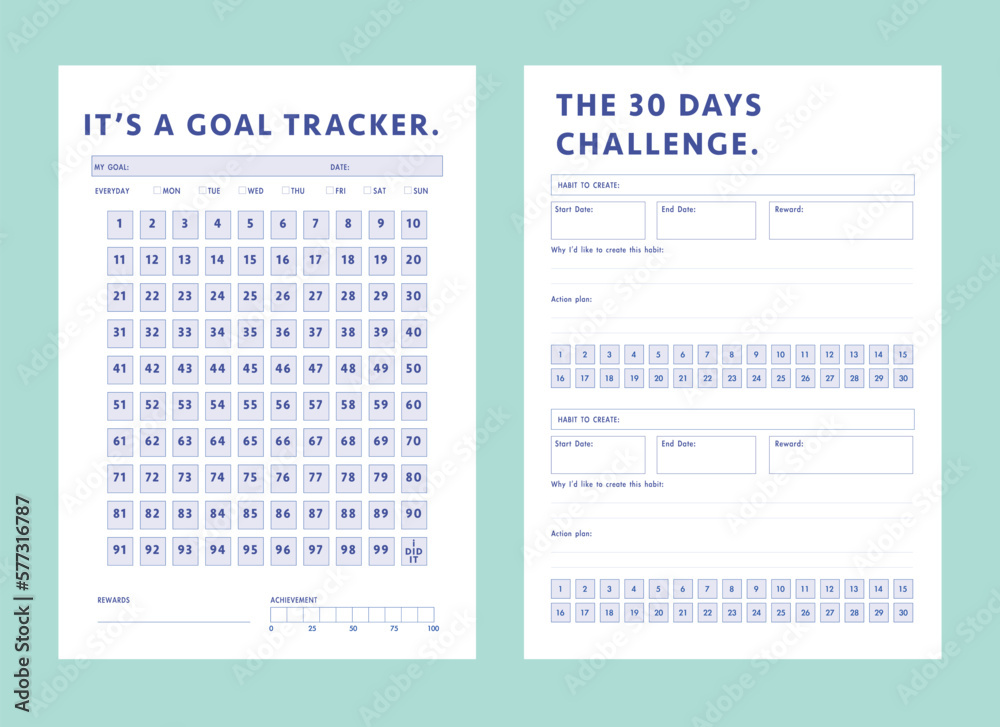 30 Days Challenge and its goal tracker planner. Minimalist planner template set. Vector illustration. 30 Days Challenge and its goal tracker planner. Minimalist planner template set. Vector illustration.