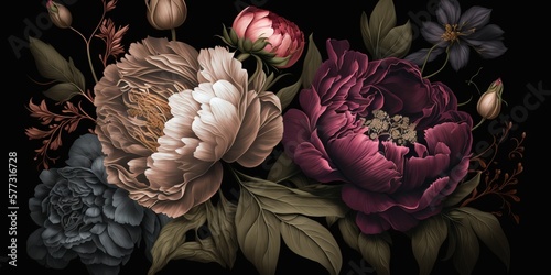 Vintage floral background with peony flowers and leaves. Generative AI