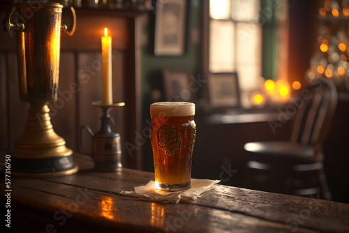 Cheers to the Good Life  a Frosty Pint of Beer in a Cozy Pub created with Generative AI technology