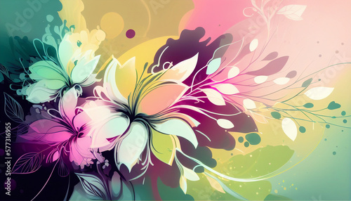Floral abstraction with vibrant flowers and dynamic swirls in a contemporary digital art style.