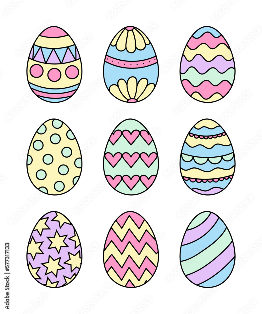 Hand drawn vector illustration isolated on white background. Set of 9 Easter eggs in pastel colors. Hand drawn vector illustration isolated on white background. Set of 9 Easter eggs in pastel colors.